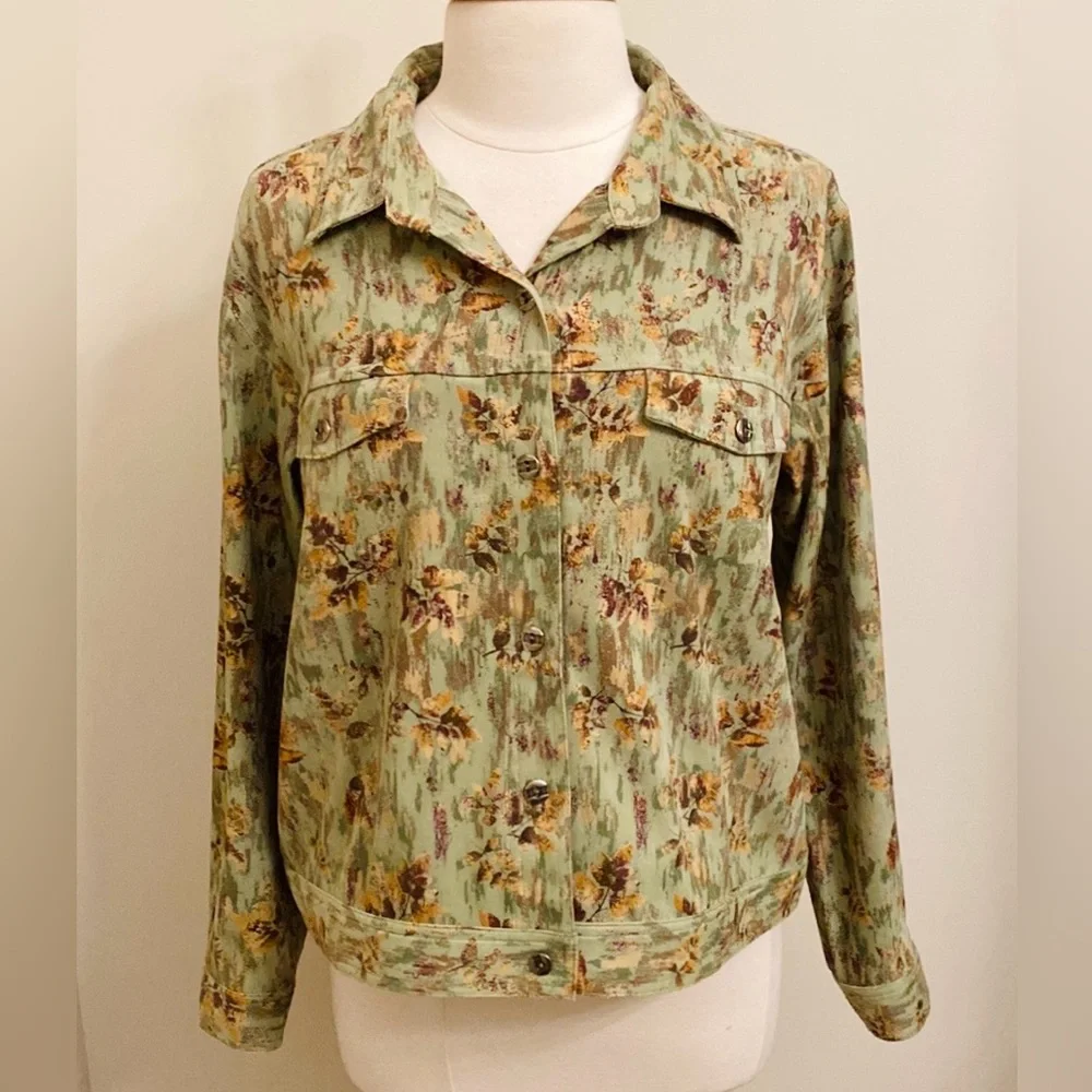 Christopher & Banks Stretch Green Brown Leaf L Cottagecore Grandma Chic Jacket